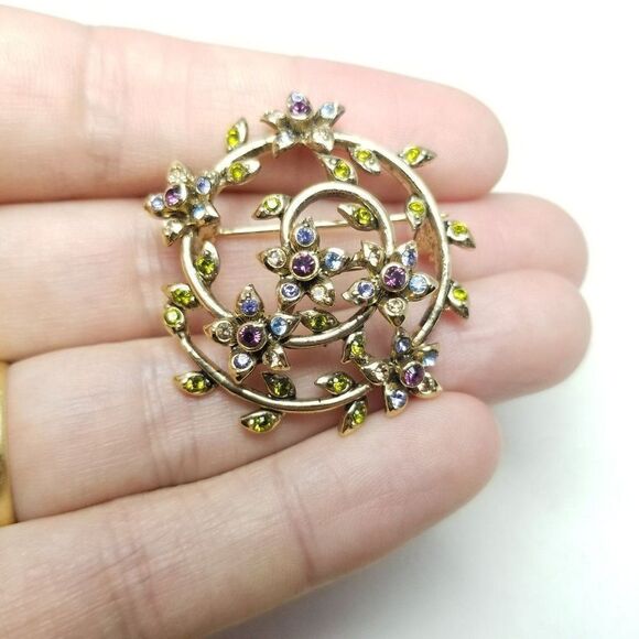 Vintage Monet Pastel Purple and Green Rhinestone Floral Swirl Brooch, Spring - Picture 4 of 6
